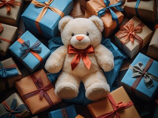 Colorful gift boxes surround plush teddy bear. Celebrating Safe Toys Month. Gifts in various colors, wrapping styles. Festive, joyful scene. Warm, comforting display of presents. Happy family moment.