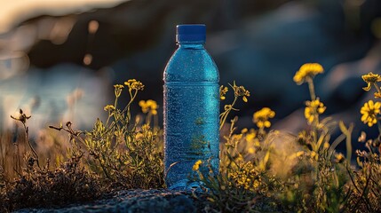 A blue plastic water bottle sits amidst yellow wildflowers at sunset.