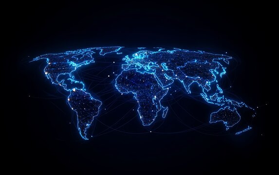 A striking 3D design of a digital world map with radiant lights, highlighting global connection and network systems, set against a dark, techinspired backdrop
