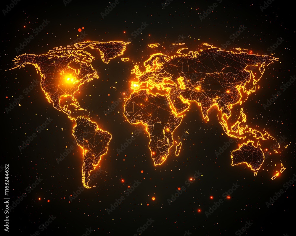 Poster a striking 3d design of a digital world map with radiant lights, highlighting global connection and 