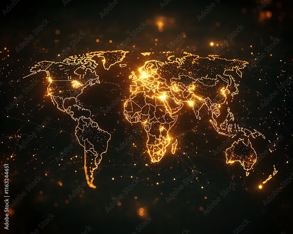 Poster a striking 3d design of a digital world map with radiant lights, highlighting global connection and 