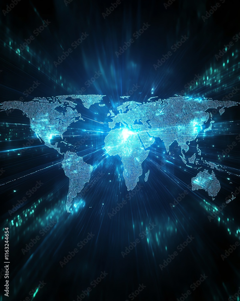 Poster a striking 3d design of a digital world map with radiant lights, highlighting global connection and 