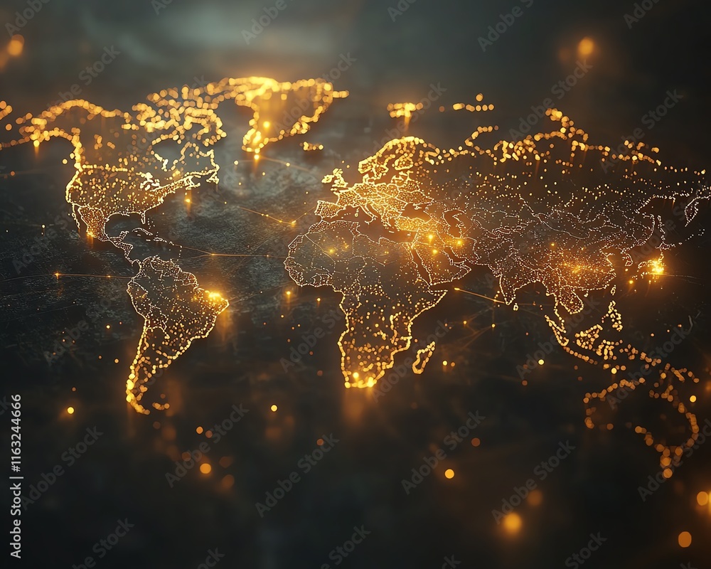 Poster a striking 3d design of a digital world map with radiant lights, highlighting global connection and 