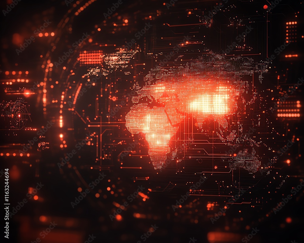 Poster a striking 3d design of a digital world map with radiant lights, highlighting global connection and 