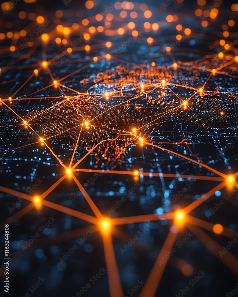 Poster a vibrant 3d rendering of a digital world map contour glowing in neon colors, illustrating the conce