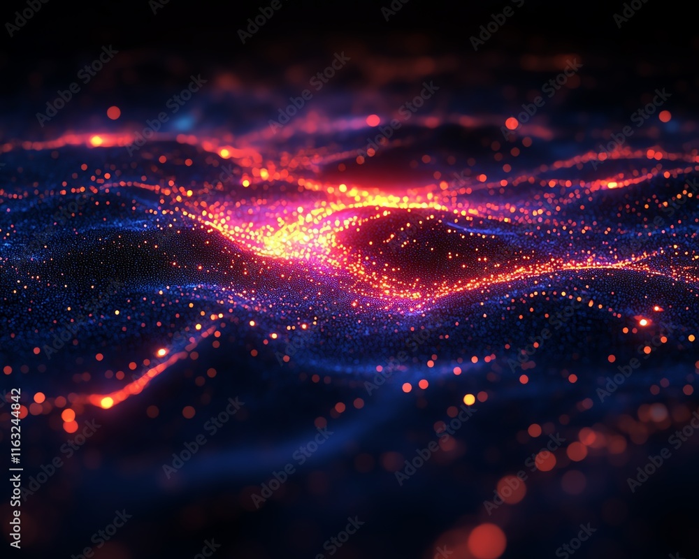 Poster a vibrant 3d rendering of a digital world map contour glowing in neon colors, illustrating the conce