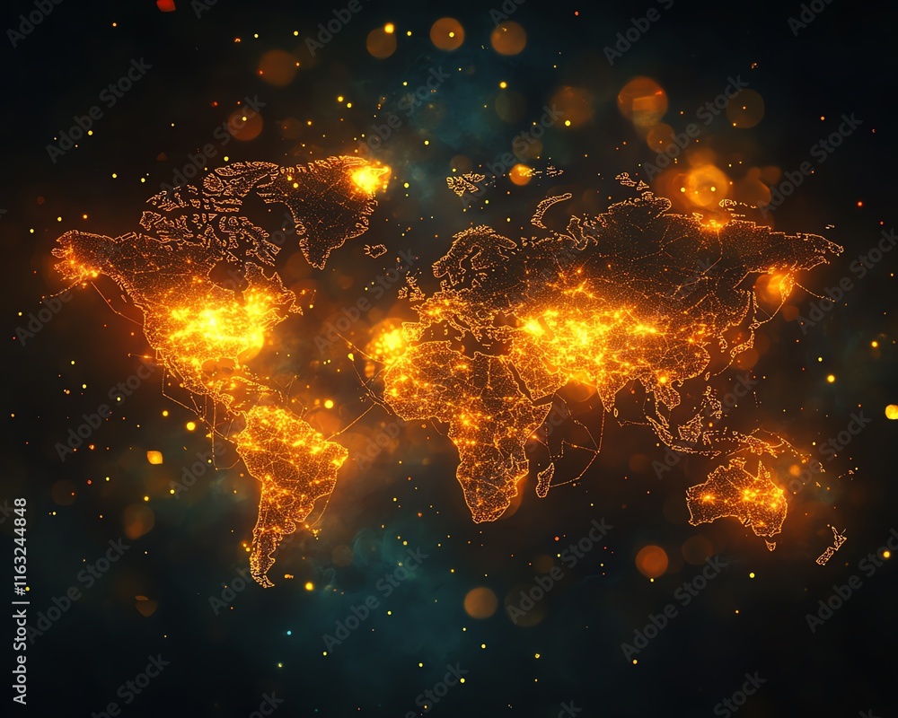 Poster a vibrant 3d rendering of a digital world map contour glowing in neon colors, illustrating the conce