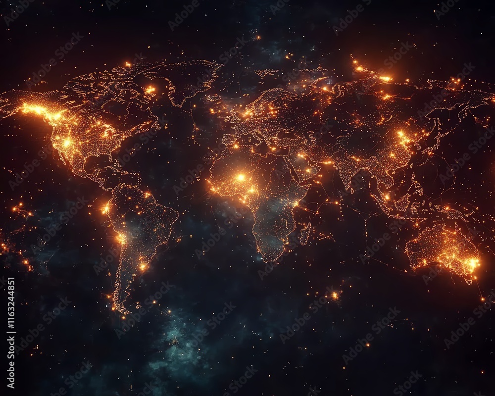 Poster a vibrant 3d rendering of a digital world map contour glowing in neon colors, illustrating the conce