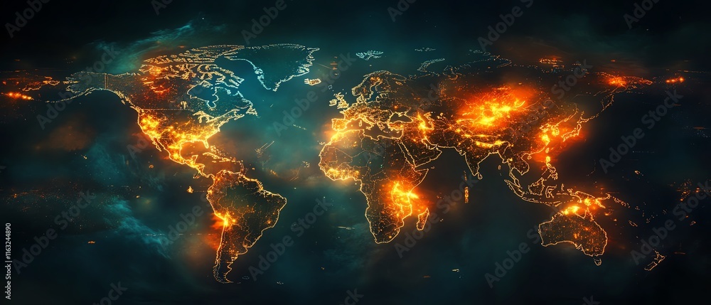 Poster a vibrant 3d rendering of a digital world map contour glowing in neon colors, illustrating the conce