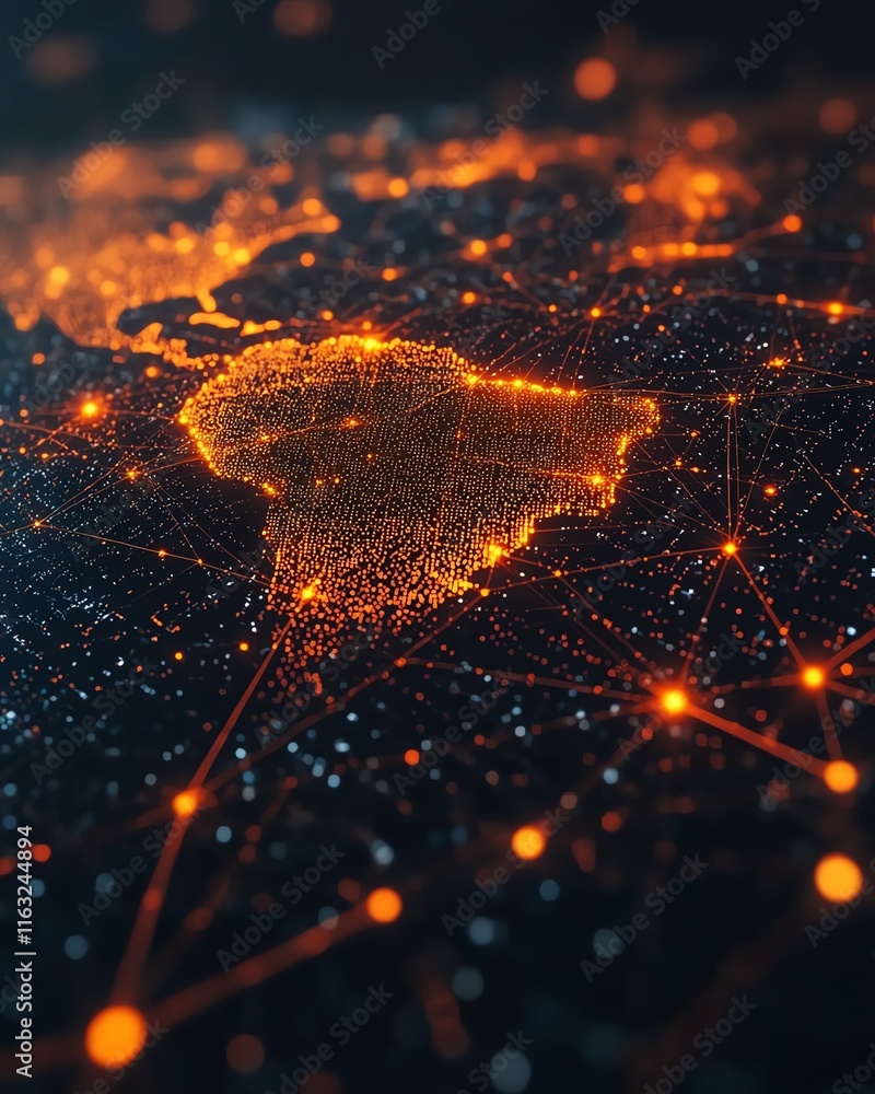 Poster a vibrant 3d rendering of a digital world map contour glowing in neon colors, illustrating the conce