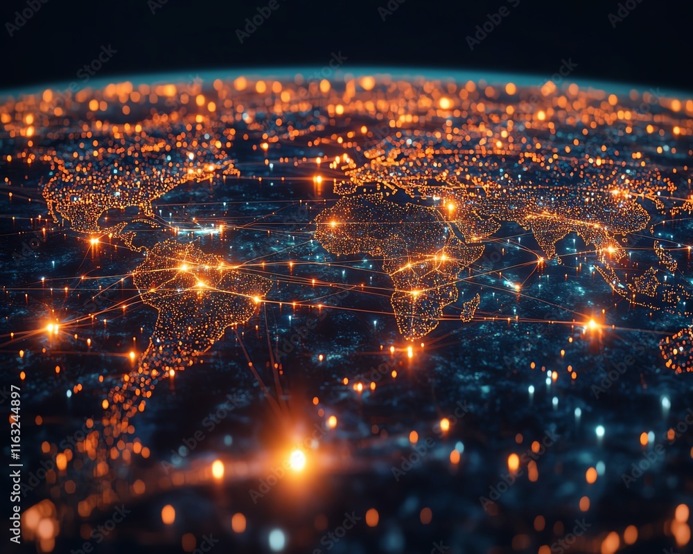 Poster a vibrant 3d rendering of a digital world map contour glowing in neon colors, illustrating the conce