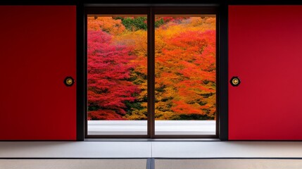 Autumnal Glimpse: A serene view through red sliding doors, revealing a breathtaking panorama of vibrant fall foliage. The warmth of the season shines through the window.