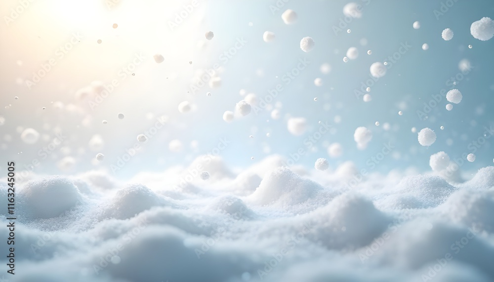 Poster A generative AI illustration of an abstract background featuring white foam particles floating through the air in a bright, illuminated setting