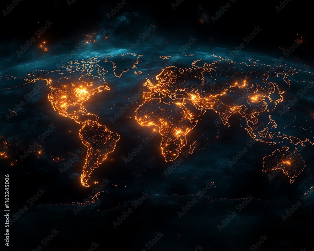 Poster a vibrant 3d rendering of a digital world map contour glowing in neon colors, illustrating the conce