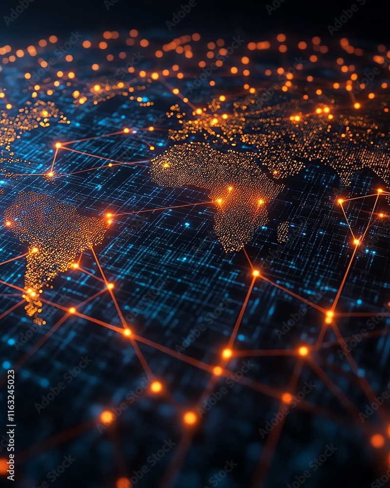 Poster a vibrant 3d rendering of a digital world map contour glowing in neon colors, illustrating the conce