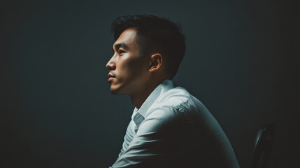 half body portrait of young Asian man in profile, showcasing thoughtful expression against dark background. lighting highlights his features and creates dramatic effect