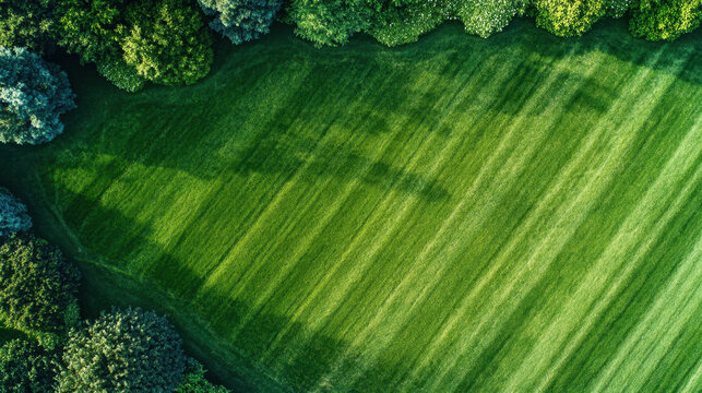 Lush green lawn with neatly mowed stripes and surrounding trees, creating serene outdoor space. Perfect for relaxation and outdoor activities