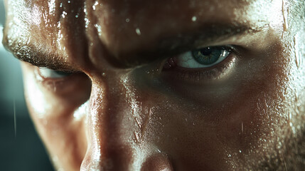 hyper realistic close up of determined man face, showcasing intense expression and glistening skin. focus on his piercing eyes conveys strength and resilience