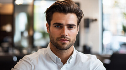 Obraz premium stylish man with modern haircut, wearing white shirt, poses confidently in contemporary setting, showcasing relaxed yet sophisticated vibe
