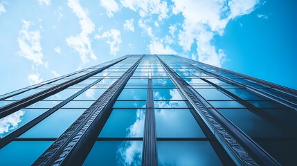 Low angle view of tall building with glass windows and blue sky above.