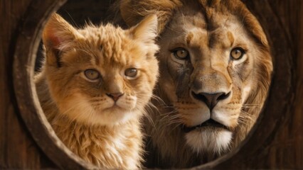 Fototapeta premium Close-Up of Cat and Lion with Curious Expressions, Blurred Wooden Wall Background with Circular Window, Warm and Cozy Feel