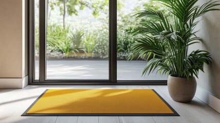 Fototapeta premium Stylish Entryway Arrangement with Blank Yellow Doormat, White Wooden Floor, Black Border, Glass Window and Potted Plant in Bright and Modern Atmosphere