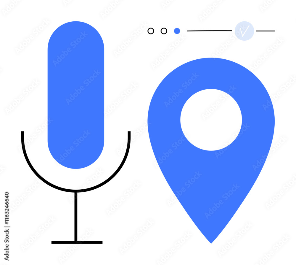Poster microphone next to a geolocation marker symbol with settings toggle above. ideal for navigation apps