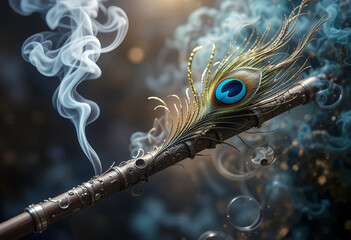 A peacock feather rests on a dark flute with smoky accents.
