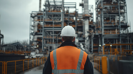 construction site manager in safety vest and hard hat observes industrial facility, showcasing importance of safety and oversight in construction