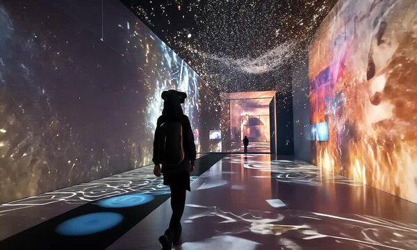A person stands in an immersive art installation with vibrant projections and lights.