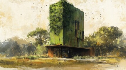 A modern, green building integrated with nature, showcasing sustainable architecture.