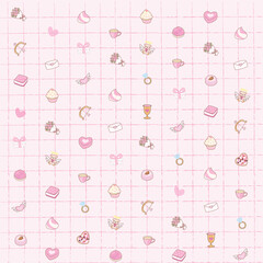 Cute Love-Themed Pattern with Hearts, Cupcakes, Gifts, and Angels