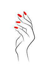 Beautiful Woman hand with red nails line art isolated on white background - vector illustration