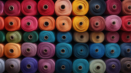 Fototapeta premium Colorful spools of thread arranged in neat pattern, showcasing vibrant hues and textures. Perfect for sewing, crafting, and textile projects