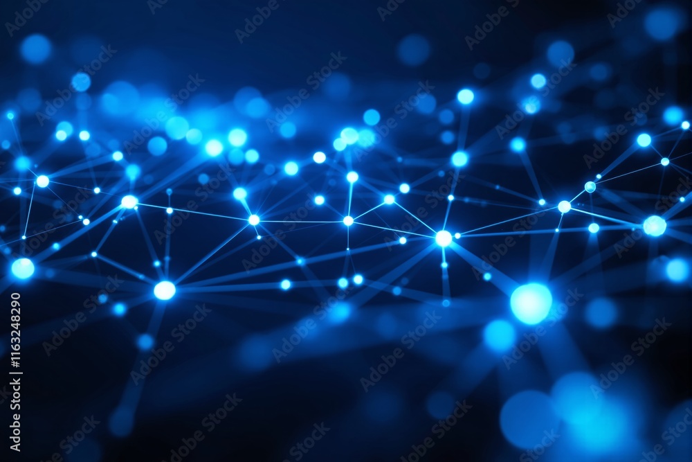 Poster abstract glowing blue network connections with bright nodes on a dark gradient background, represent