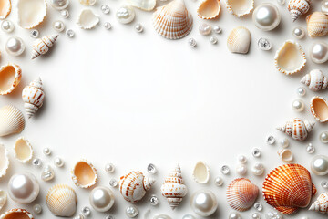 Obraz premium Decorative arrangement of seashells and pearls on a plain background for coastal-themed designs