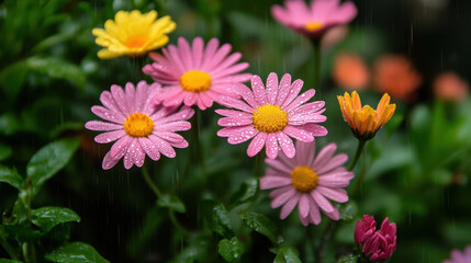 Fototapeta premium Colorful flowers with raindrops on petals, showcasing vibrant pink, yellow, and orange blooms in lush green garden. refreshing spring atmosphere