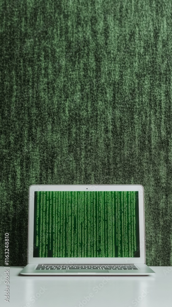 Poster Minimalist Workspace with Laptop Displaying Green Code on Reflected Desk