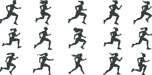 Naklejka premium A collection of silhouettes of athletes running with passion and speed, with movement and energy. Ideal for sports advertising, training campaigns and event posters.