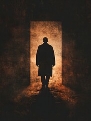 Silhouette of a Man Entering a Glowing Doorway