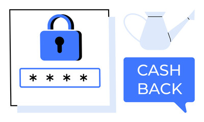 Padlock over password field symbolizes security. Watering can signifies nurturing growth. Cash Back in speech bubble highlights financial reward. Ideal for finance, security, savings, investment