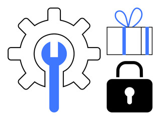 Gear with wrench in center, gift box with ribbon, and padlock. Ideal for technology, engineering, security, maintenance, rewards privacy customization. Line metaphor