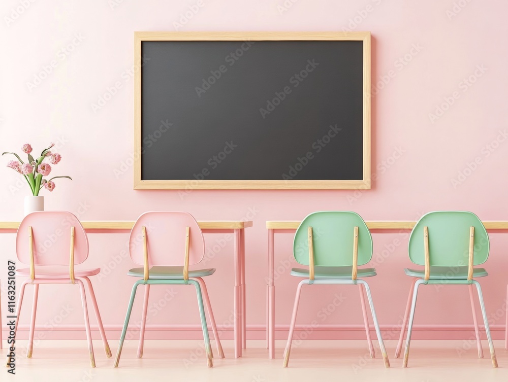 Poster peaceful pastel classroom scene with empty desks and chalkboard