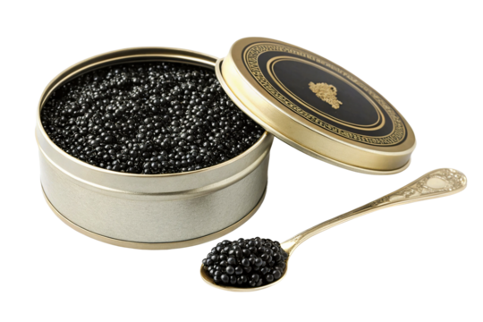 Caviar in a decorative tin with a silver spoon resting isolated on transparent background