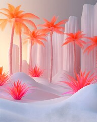 Surreal Pink Desert Oasis with Palm Trees