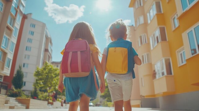 Happy diverse school children walking outdoors on a sunny day, featuring an older sister holding hands with little preschool boy and girl carrying backpacks on their way to kindergarten, capturing the