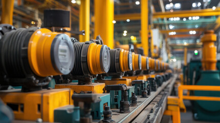 Automated machinery in manufacturing facility showcasing precision engineering and control systems. vibrant colors and intricate design highlight modern industrial processes