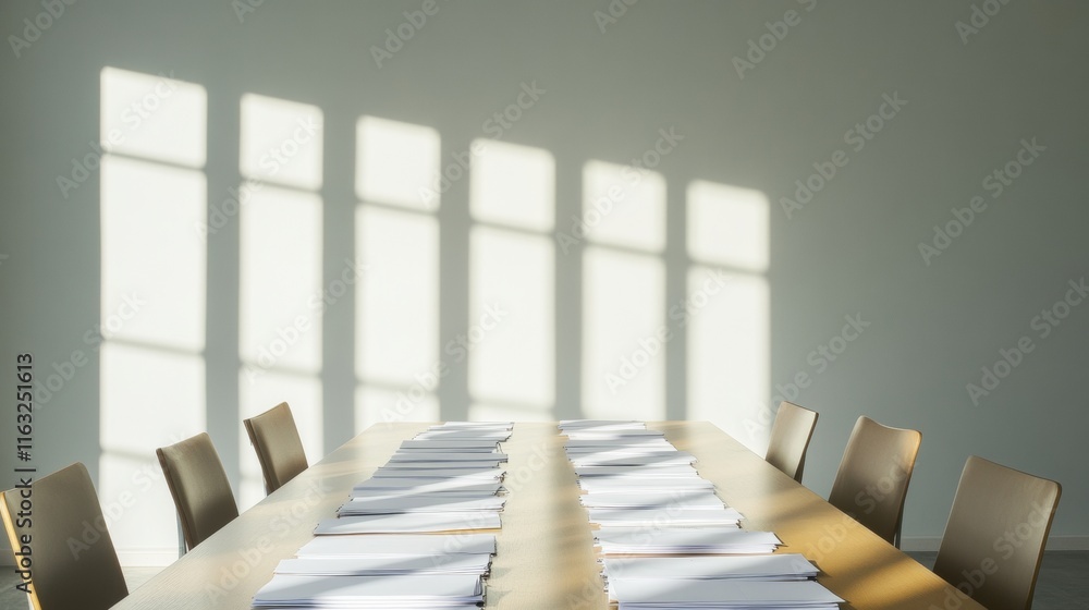 Poster sunlit conference room table with stacks of papers a study in silence and shadows