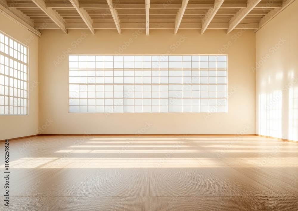 Poster sunlit tranquility in minimalist training space with wooden elements