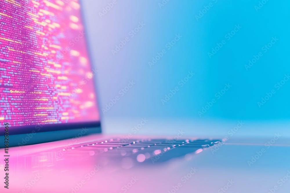 Poster Neon-Lit Coding Passion Glowing Keyboard and Laptop in Modern Tech Workspace